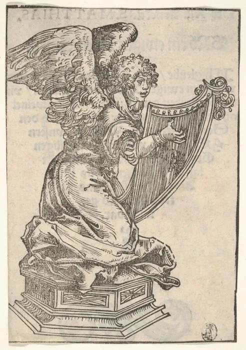 Framed Print : A Silver Statuette of an Angel Playing the Harp, from the Large Series of Wittenberg Framed Print : A Silver Statuette of an Angel Playing the Harp, from the Large Series of Wittenberg