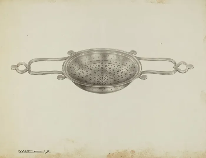 Framed Print : Silver Strainer, c. 1939. Creator: Kalamian Walton Framed Print : Silver Strainer, c. 1939. Creator: Kalamian Walton