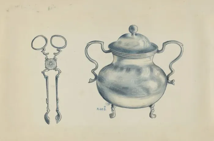Framed Print : Silver Sugar Bowl and Tongs, c. 1936. Creator: Margaret Stottlemeyer Framed Print : Silver Sugar Bowl and Tongs, c. 1936. Creator: Margaret Stottlemeyer