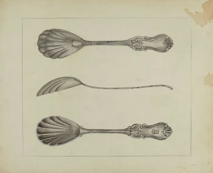 Framed Print : Two Silver Sugar Spoons, c. 1936. Creator: Anthony Zuccarello Framed Print : Two Silver Sugar Spoons, c. 1936. Creator: Anthony Zuccarello