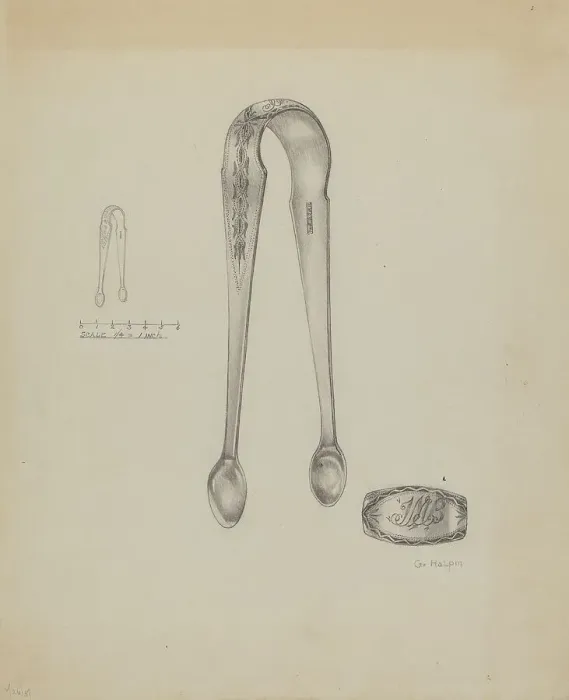 Framed Print : Silver Sugar Tongs, c. 1937. Creator: Grace Halpin Framed Print : Silver Sugar Tongs, c. 1937. Creator: Grace Halpin
