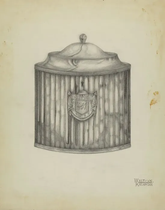Framed Print : Silver Tea Caddy, c. 1936. Creator: Kalamian Walton Framed Print : Silver Tea Caddy, c. 1936. Creator: Kalamian Walton