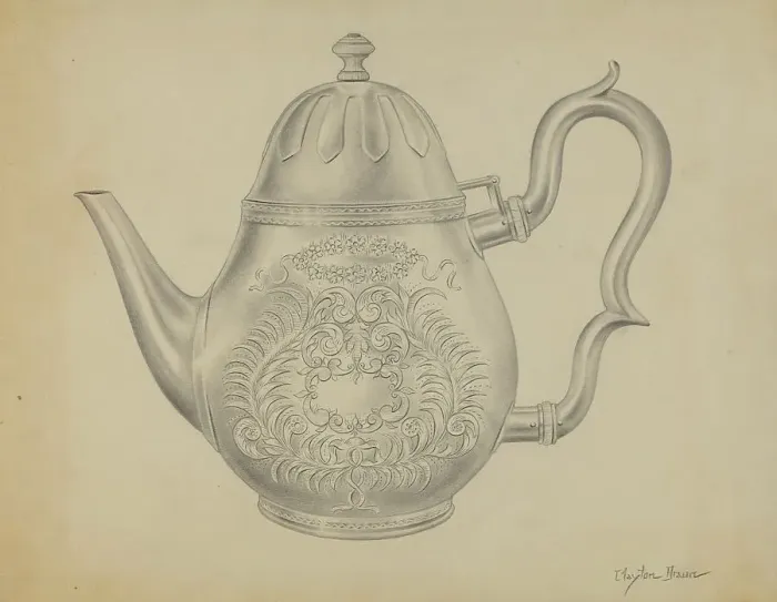 Framed Print : Silver Teapot, c. 1936. Creator: Clayton Braun Framed Print : Silver Teapot, c. 1936. Creator: Clayton Braun