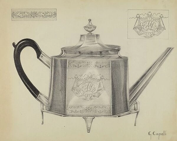 Silver Teapot with Tray, c. 1936. Creator: Giacinto Capelli