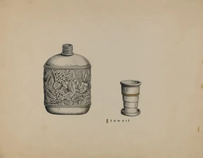 Framed Print : Silver Whiskey Flask, c. 1937. Creator: Robert Stewart