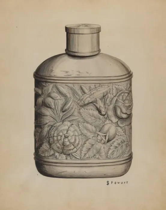 Framed Print : Silver Whiskey Flask, c. 1937. Creator: Robert Stewart