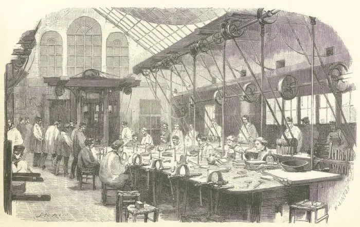 Framed Print : Silversmiths at work at the Christophle Flatware Factory in Paris, pub. 1875. Creator Framed Print : Silversmiths at work at the Christophle Flatware Factory in Paris, pub. 1875. Creator