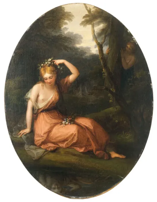 Framed Print : Silvia, decorating herself with flowers while observed by Daphne, 1783. Creator: Kauffmann Framed Print : Silvia, decorating herself with flowers while observed by Daphne, 1783. Creator: Kauffmann