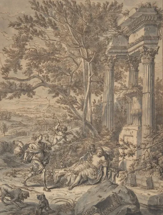 Framed Print : Silvio Approaches Dorinda whom He Has Wounded with an Arrow... ca. 1700 Framed Print : Silvio Approaches Dorinda whom He Has Wounded with an Arrow... ca. 1700