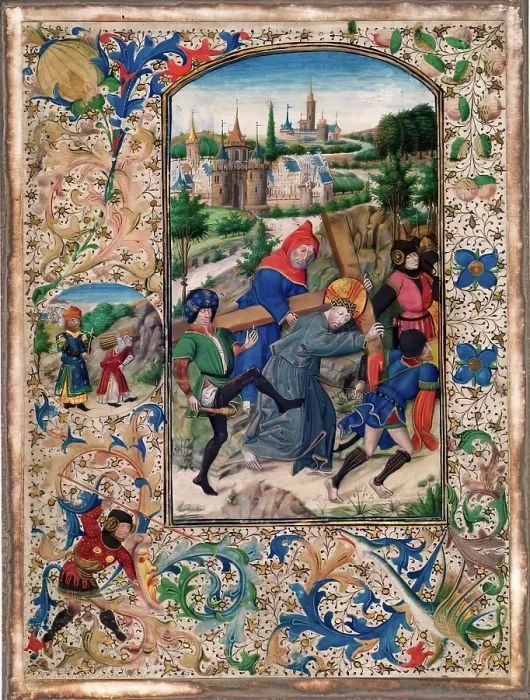 Framed Print : Simon Assists in Carrying The Cross-One of four Illuminated pages from a Book of Hours, c1430-1450. Creator: Unknown Framed Print : Simon Assists in Carrying The Cross-One of four Illuminated pages from a Book of Hours, c1430-1450. Creator: Unknown