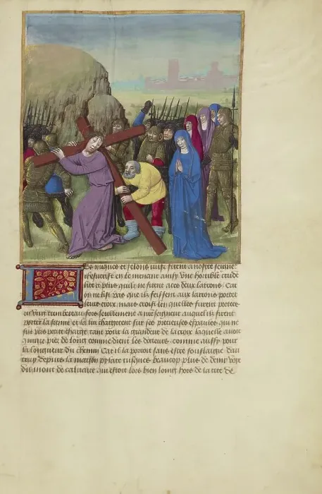 Framed Print : Simon the Cyrene Assisting Christ on the Way to Calvary, about 1480-1490. Creators: Master of Guillaume Lambert, Workshop of Master of Guillaume Lambert Framed Print : Simon the Cyrene Assisting Christ on the Way to Calvary, about 1480-1490. Creators: Master of Guillaume Lambert, Workshop of Master of Guillaume Lambert