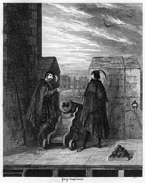 Simon Renard and Winwike the warden on the roof of the White Tower, 1553 (1840). Artist: George Cruikshank