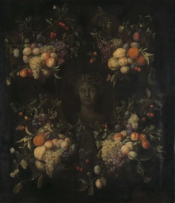 Framed Print : Simulated Sculpted Head of a Woman in a Cartouche Decorated with Swags of Fruit, 1655-1665. Creator: Joris van Son