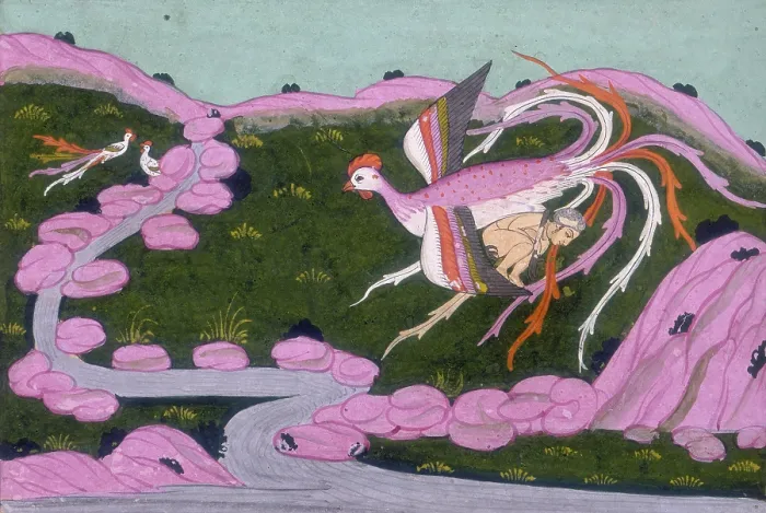 Framed Print : The Simurgh carrying the infant Zal to her nest on Mount Alburz, 1742. Creator: Unknown Framed Print : The Simurgh carrying the infant Zal to her nest on Mount Alburz, 1742. Creator: Unknown
