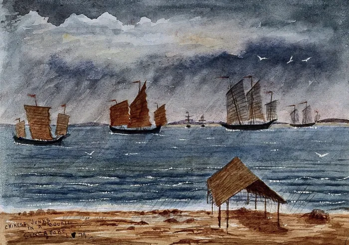Framed Print : Singapore: Chinese junks in the rain at Tanjong Katong, 1879. Creator: John Edmund Taylor Framed Print : Singapore: Chinese junks in the rain at Tanjong Katong, 1879. Creator: John Edmund Taylor