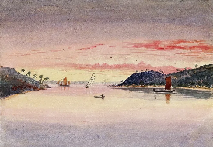 Framed Print : Singapore: evening view of the entrance to the harbour, 1879. Creator: John Edmund Taylor Framed Print : Singapore: evening view of the entrance to the harbour, 1879. Creator: John Edmund Taylor