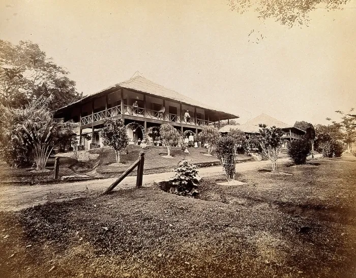 Framed Print : Singapore: a large bungalow for British officers with tropical plants in the garden, 1880. Creator: John Edmund Taylor Framed Print : Singapore: a large bungalow for British officers with tropical plants in the garden, 1880. Creator: John Edmund Taylor
