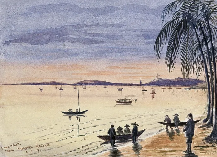 Framed Print : Singapore: view towards Singapore from the beach at Tanjong Katong at sunset, 1879. Creator: John Edmund Taylor Framed Print : Singapore: view towards Singapore from the beach at Tanjong Katong at sunset, 1879. Creator: John Edmund Taylor