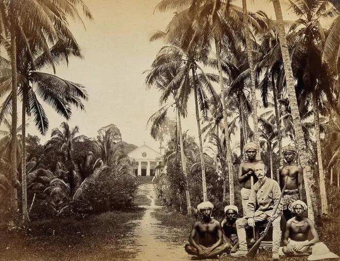 Framed Print : Singapore: a western hunter and native Malays with a background view of the Roman Catholic... 1880. Creator: John Edmund Taylor Framed Print : Singapore: a western hunter and native Malays with a background view of the Roman Catholic... 1880. Creator: John Edmund Taylor