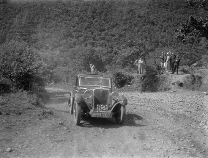 Framed Print : Singer 9 sports saloon competing in the Mid Surrey AC Barnstaple Trial, Beggars Roost, Devon, 1934 Framed Print : Singer 9 sports saloon competing in the Mid Surrey AC Barnstaple Trial, Beggars Roost, Devon, 1934
