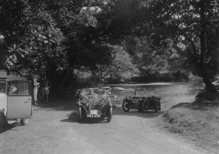 Framed Print : Singer Le Mans and MG D type at the Mid Surrey AC Barnstaple Trial, Tarr Steps, Exmoor, 1934 Framed Print : Singer Le Mans and MG D type at the Mid Surrey AC Barnstaple Trial, Tarr Steps, Exmoor, 1934