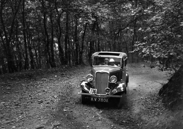 Framed Print : Singer Nine saloon competing in the B&HMC Brighton-Beer Trial, Fingle Bridge Hill, Devon, 1934 Framed Print : Singer Nine saloon competing in the B&HMC Brighton-Beer Trial, Fingle Bridge Hill, Devon, 1934