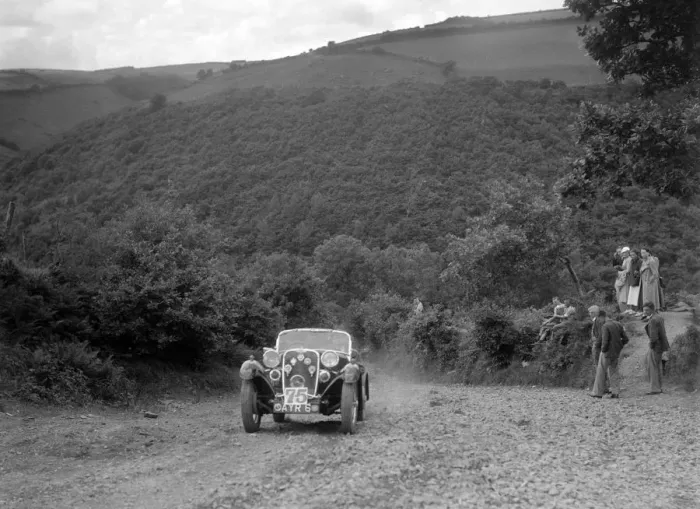 Framed Print : Singer sports competing in the Mid Surrey AC Barnstaple Trial, Beggars Roost, Devon, 1934 Framed Print : Singer sports competing in the Mid Surrey AC Barnstaple Trial, Beggars Roost, Devon, 1934