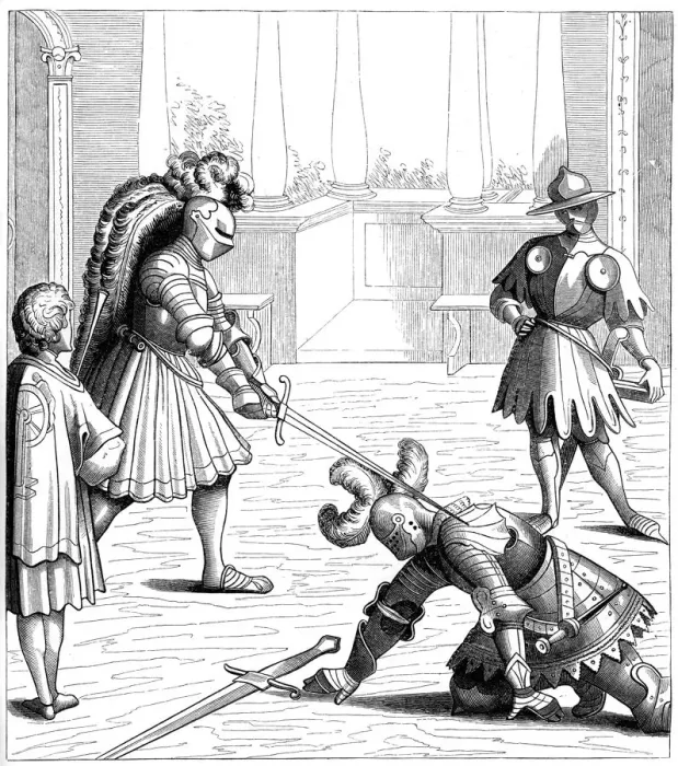 Framed Print : Single combat between Maximilien and a German knight, 15th century (1849). Artist: Burgmayer Framed Print : Single combat between Maximilien and a German knight, 15th century (1849). Artist: Burgmayer