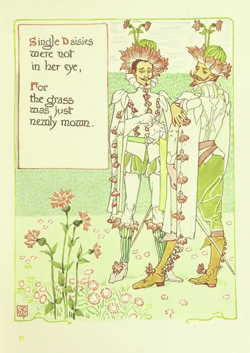 Framed Print : Single Daisies were not in her eye, For the grass was just newly mown, 1899. Creator: Walter Crane Framed Print : Single Daisies were not in her eye, For the grass was just newly mown, 1899. Creator: Walter Crane