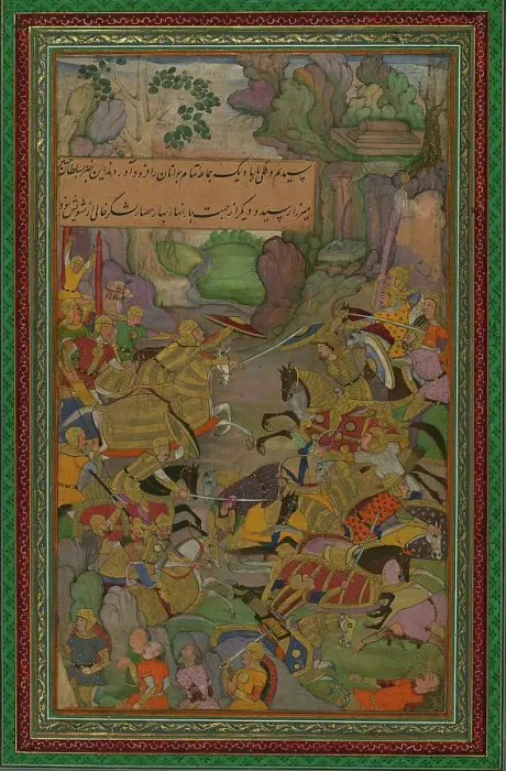 Framed Print : Single Leaf of a Battle Scene from the Baburnamah, late 10th century AH / AD 16th century. Creator: Unknown Framed Print : Single Leaf of a Battle Scene from the Baburnamah, late 10th century AH / AD 16th century. Creator: Unknown