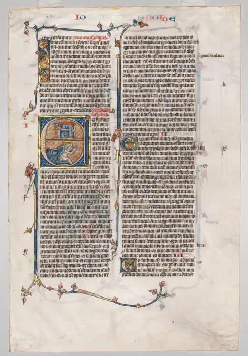 Framed Print : Single Leaf from a Bible: Initial E[t factum est] with Jonah Swallowed by the Whale, c