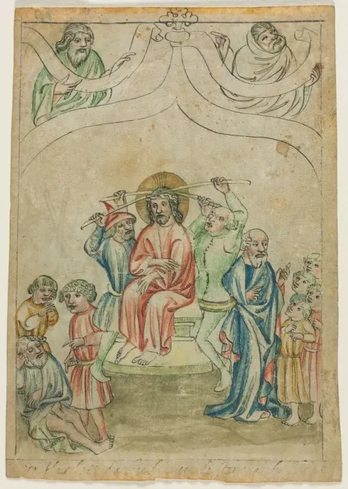Framed Print : Single Leaf from a Biblia Pauperum : Christ Carrying the Cross (verso), c Framed Print : Single Leaf from a Biblia Pauperum : Christ Carrying the Cross (verso), c