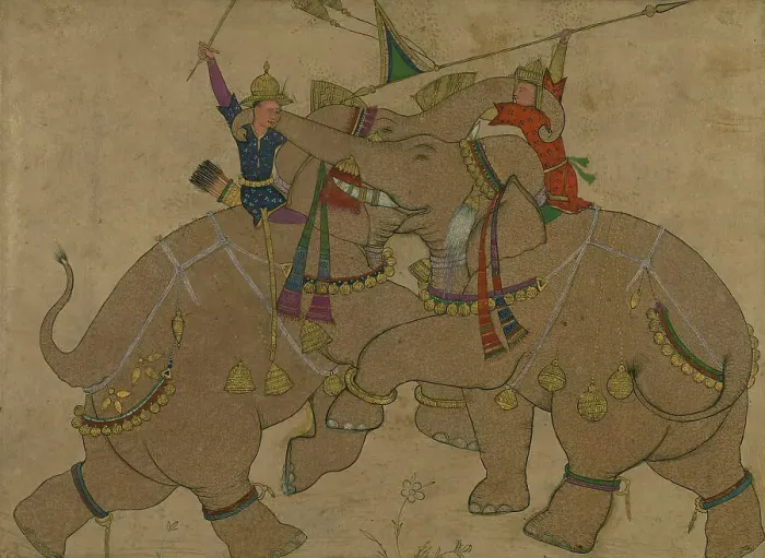 Framed Print : Single Leaf of Elephant Combat, 13th century AH / AD 19th century. Creator: Unknown Framed Print : Single Leaf of Elephant Combat, 13th century AH / AD 19th century. Creator: Unknown