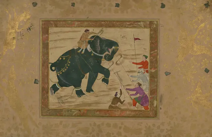 Framed Print : Single Leaf of an Elephant with Mahout Attacking Four Men, late 10th century AH / AD 16th century. Creator: Unknown Framed Print : Single Leaf of an Elephant with Mahout Attacking Four Men, late 10th century AH / AD 16th century. Creator: Unknown