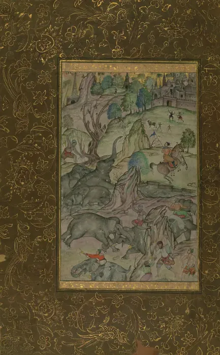 Framed Print : Single Leaf of Elephants on a River Bank, late 10th century AH / AD 16th-early 11th century AH... Creator: Unknown Framed Print : Single Leaf of Elephants on a River Bank, late 10th century AH / AD 16th-early 11th century AH... Creator: Unknown