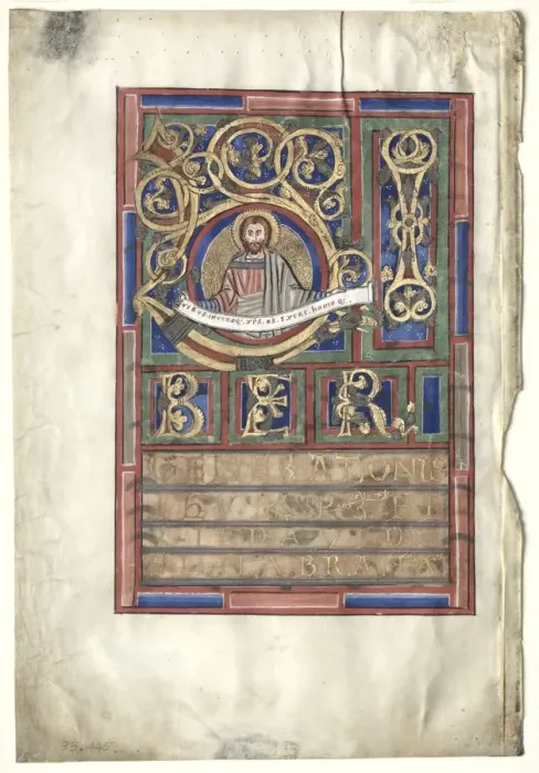 Framed Print : Single Leaf Excised from a Gospel Book with Initial L[iber generationis]: St. Matthew (verso)