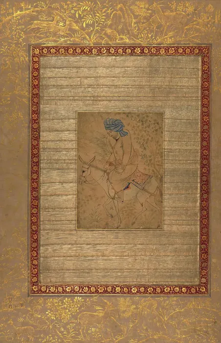 Framed Print : Single Leaf of a Man on a Donkey, early 11th century AH / AD 17th century. Creator: Unknown Framed Print : Single Leaf of a Man on a Donkey, early 11th century AH / AD 17th century. Creator: Unknown