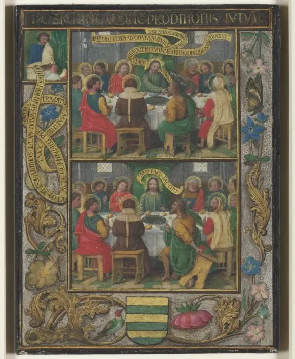 Framed Print : Single Leaf with Scenes from the Last Supper, c. 1525-1530. Creator: Simon Bening (Flemish Framed Print : Single Leaf with Scenes from the Last Supper, c. 1525-1530. Creator: Simon Bening (Flemish