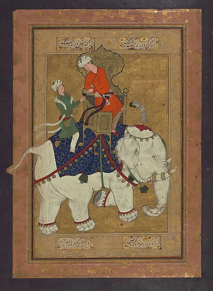 Single Leaf of Two Young Men Riding a White Elephant, early 11th century AH / AD 17th century. Creator: Unknown