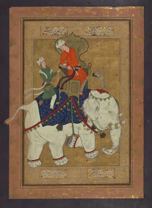 Framed Print : Single Leaf of Two Young Men Riding a White Elephant, early 11th century AH / AD 17th century. Creator: Unknown Framed Print : Single Leaf of Two Young Men Riding a White Elephant, early 11th century AH / AD 17th century. Creator: Unknown