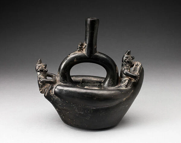 Single Spout Blackware Vessel in the Form of Figures Riding on Reed Boat, A. D. 1000  /  1400