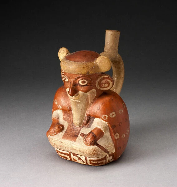 Single Spout Vessel in Form of Seated, Bearded Man Wearing a Cape, 100 B. C.  /  A. D. 500