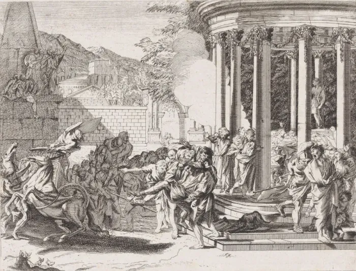 Framed Print : Sinorix being carried from the temple after being poisoned, 1650-1700 Framed Print : Sinorix being carried from the temple after being poisoned, 1650-1700