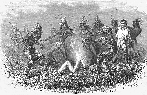 'Sioux Indians burning a prisoner; Ocean to Ocean, the Pacific railroad, 1875. Creator: Frederick Whymper