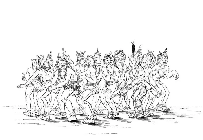 Framed Print : The Sioux tribe performing a bear dance, 1841. Artist: Myers and Co Framed Print : The Sioux tribe performing a bear dance, 1841. Artist: Myers and Co