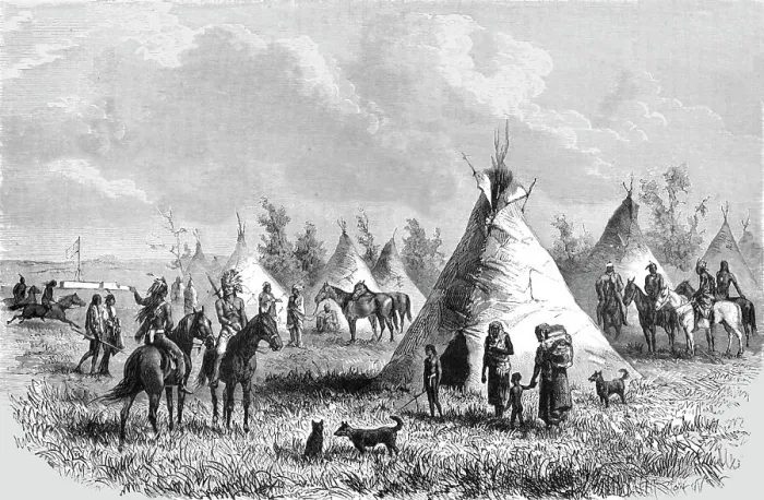 Framed Print : Sioux village near Fort Laramie; Ocean to Ocean, the Pacific railroad, 1875. Creator: Frederick Whymper Framed Print : Sioux village near Fort Laramie; Ocean to Ocean, the Pacific railroad, 1875. Creator: Frederick Whymper
