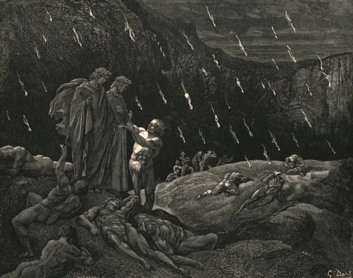 Framed Print : Sir! Brunetto! And are ye here?, c1890. Creator: Gustave Doré Framed Print : Sir! Brunetto! And are ye here?, c1890. Creator: Gustave Doré