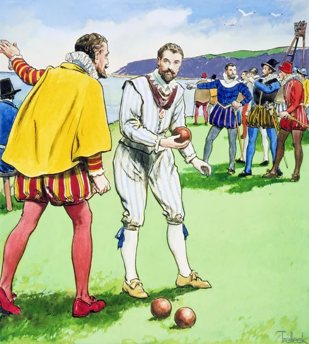 Framed Print : Sir Francis Drake playing bowls on Plymouth Hoe, 1588 (c1900). Artist: Trelleek Framed Print : Sir Francis Drake playing bowls on Plymouth Hoe, 1588 (c1900). Artist: Trelleek