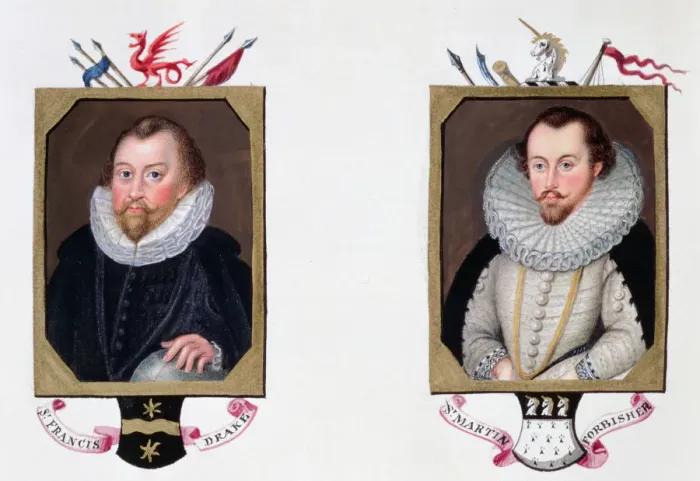 Framed Print : Sir Francis Drake and Sir Martin Frobisher, 16th century English navigators, (1825) Framed Print : Sir Francis Drake and Sir Martin Frobisher, 16th century English navigators, (1825)
