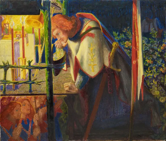 Framed Print : Sir Galahad at the Ruined Chapel, 1857 - 1859. Creator: Dante Gabriel Rossetti Framed Print : Sir Galahad at the Ruined Chapel, 1857 - 1859. Creator: Dante Gabriel Rossetti